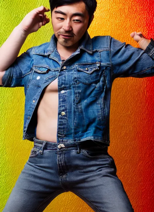 Prompt: japanese man with short hair and a beard wearing short denim and leather clothes dancing next to a rainbow, full body portrait, dynamic lighting