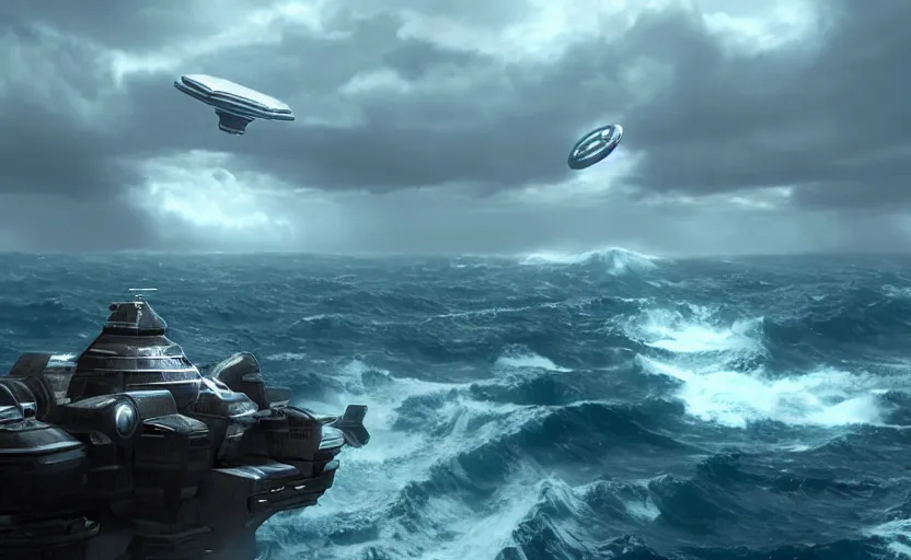 Prompt: a small alien ship flies above a stormy ocean, sci-fi concept art, unreal engine 3d