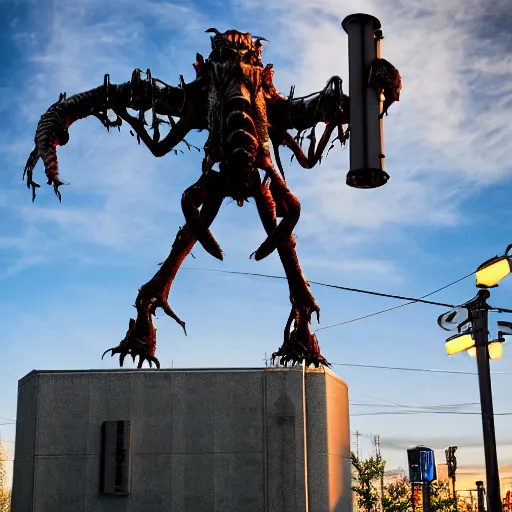 Prompt: deathclaw from fallout drives a subaru, street lighting, downtown environment, wide lens, 2 4 mm, street lamps