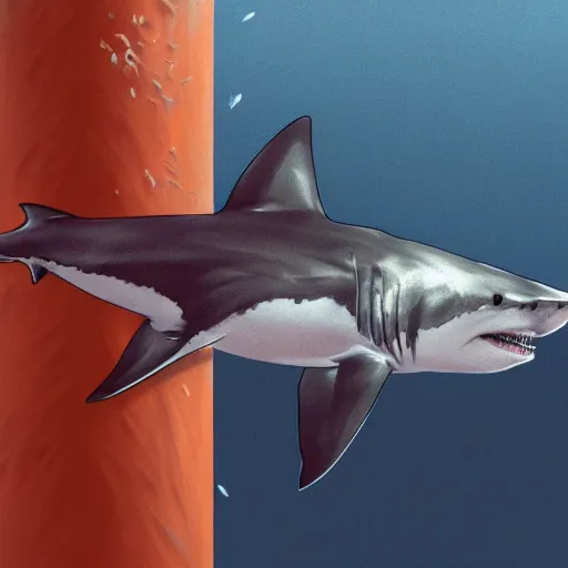 Image similar to great white shark with a conical orange traffic cone orange traffic cone orange traffic cone instead of a fin - ron cheng & alphonse mucha, highly detailed, digital painting, ray tracing, concept art, illustration, smooth sharp focus, intricate, symmetry, artstation,