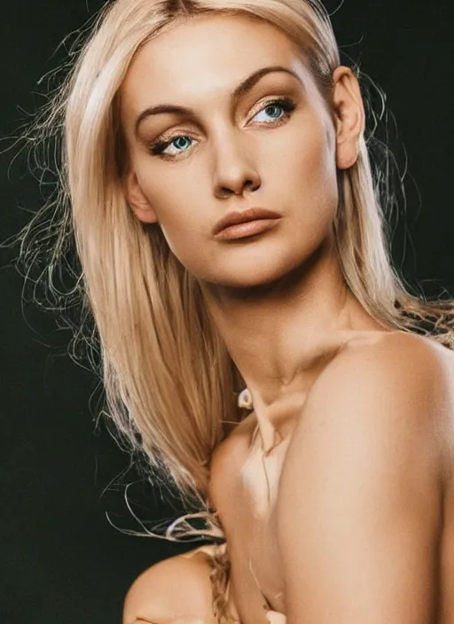 Prompt: vintage photograph of an olive skinned blonde female model in her early thirties, her hair pinned up, wearing a designer top, looking content, focused on her neck, photo realistic, extreme detail skin, natural beauty, no filter, slr, golden hour, 4 k, high definition, selfie
