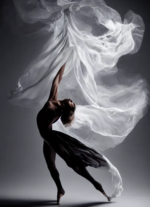 Image similar to a photorealistic dramatic hyperrealistic render photography of a glamorous beautiful female dancer by ken brower and deborah ory of nyc dance project, lois greenfield, flowing cloth and smoke, beautiful dynamic dramatic dark moody lighting, beautiful intricate face, volumetric, shadows, artgerm, alphonse mucha, cinematic atmosphere, octane render, 8 k
