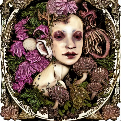 Prompt: a beautiful detailed front view baroque portrait of a rotten woman corpse with fractal plants and fractal flowers and mushrooms growing around, intricate, symmetrical, ornate, ornamentation, bones, in the style of art nouveau