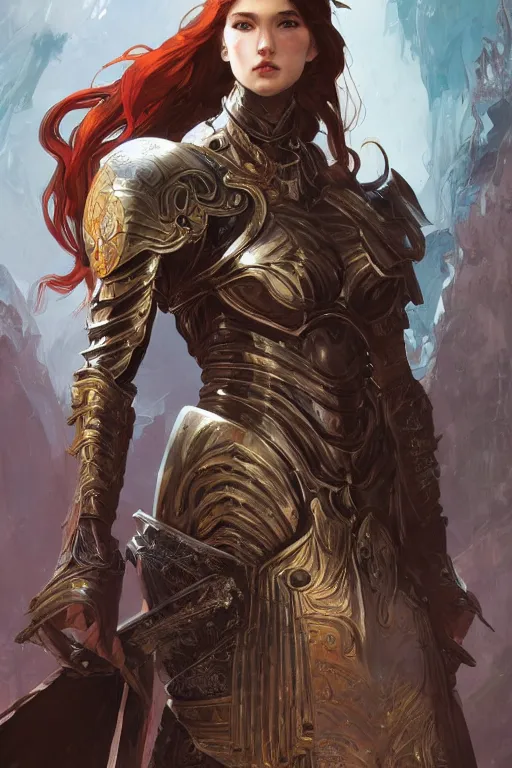 Image similar to portrait knights of Zodiac girl, metallic black and reddish armor, in ruined Agora of Athens, ssci-fi, fantasy, intricate, very very beautiful, elegant, highly detailed, digital painting, artstation, concept art, smooth, sharp focus, illustration, art by tian zi and WLOP and alphonse mucha