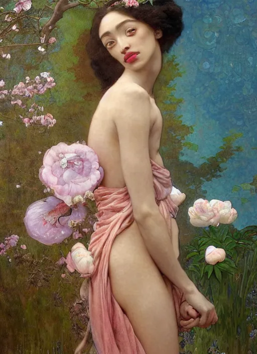 Prompt: a realistic oil painting of a beautiful young woman resembling winnie harlow, flowing robes, silk dress, peonies, crystal encrustations, underwater, fantasy art, by mucha, by bouguereau, intricate, colorful