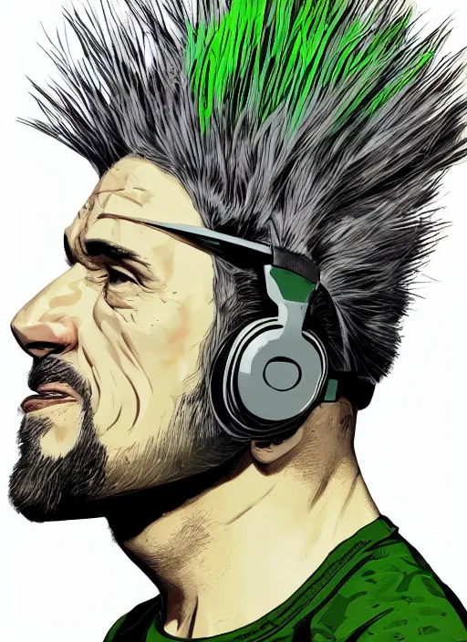 Image similar to portrait of a man with gray and green mohawk wearing a gray headset and brown tank top, gray and green mohawk, gray headset, brown tank top. art by martin ansin, martin ansin artwork. portrait.