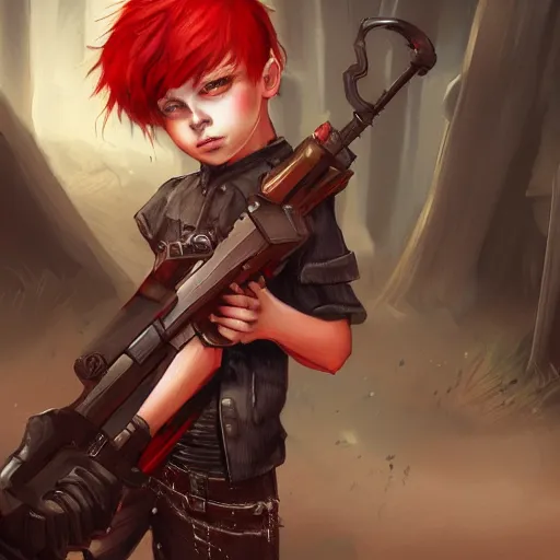 Image similar to a concept art of a boy and a girl with red hair holding a gun, gothic clothes, highly detailed, digital painting, artstation, concept art, smooth, sharp focus, illustration