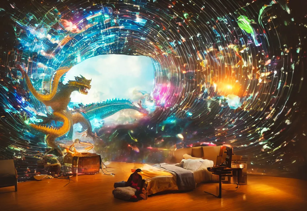 Image similar to 3 d dragon popping out of curved movie screen, volumetric lighting, bedroom, visor, users, pair of keycards on table, bokeh, creterion collection, shot on 7 0 mm, instax