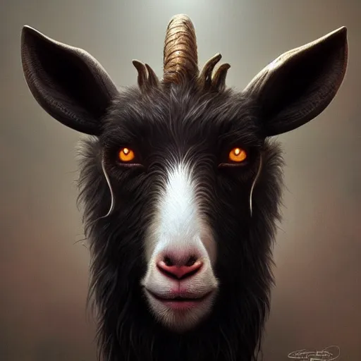 Prompt: caricature hypnotic crazy goat with huge crazy cartoony eyes, fantasy, hyperrealistic, highly detailed digital illustration, greg rutkowski, artgerm, trending on artstation, 8 k