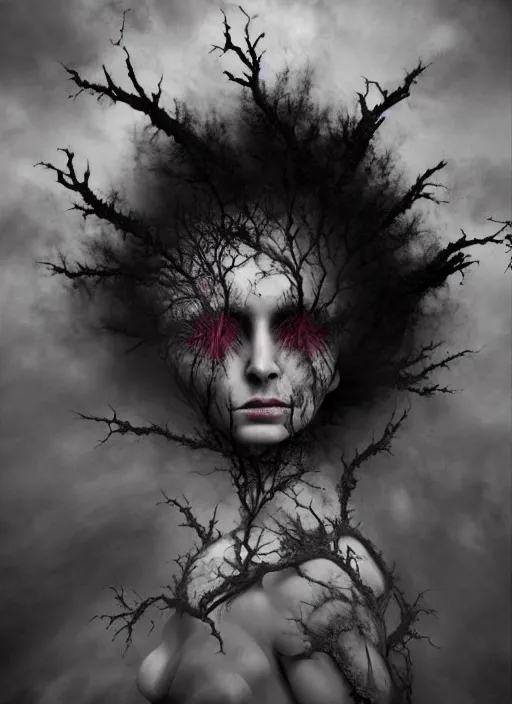 Image similar to dramatic matte portrait painting of woman with black mandelbrot fractal instead of face, horror, body horror, dark art, 4 k, detailed, realistic, psychotic, insane, crazy, mental illness, dramatic,