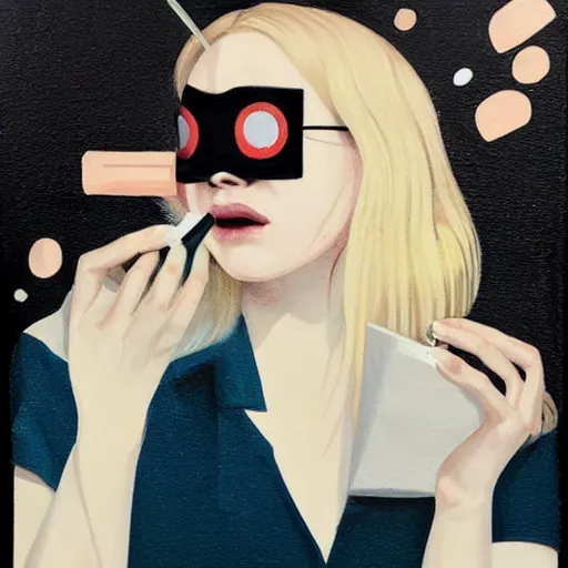 Prompt: Elle Fanning wearing an eyepatch lighting a cigarette picture by Sachin Teng, asymmetrical, dark vibes, Realistic Painting , Organic painting, Matte Painting, geometric shapes, hard edges, graffiti, street art:2 by Sachin Teng:4