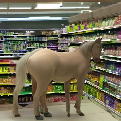 Prompt: cctv of centaur in a supermarket, cctv, unreal - engine, highly detailed