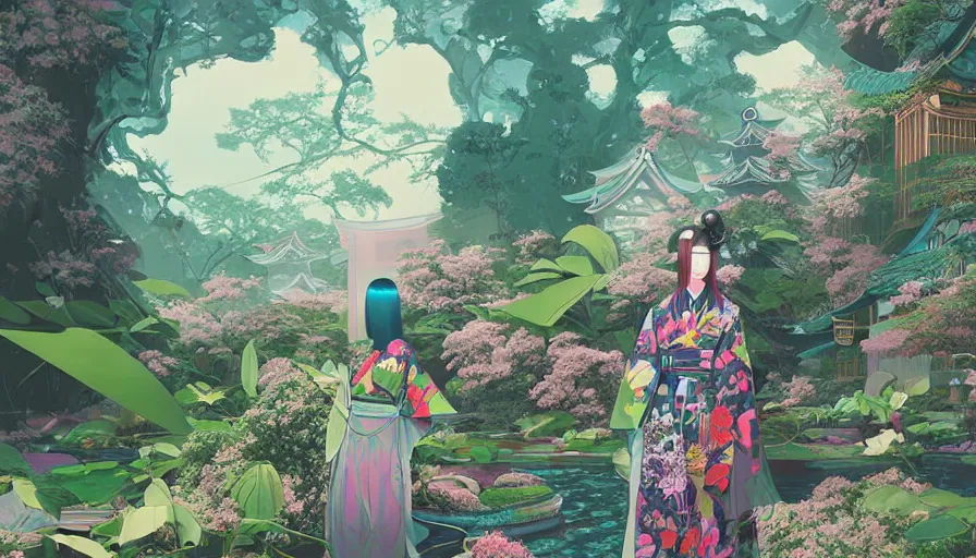 Image similar to a digital painting of a magical japanese temple with a woman wearing gucci exploring, lush plants and flowers, eco - cyberpunk art by james jean, cgsociety, retrofuturism, anime aesthetic, chromatic, iridescent, uhd