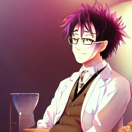 Image similar to portrait of the drunken biologist, anime fantasy illustration by tomoyuki yamasaki, kyoto studio, madhouse, ufotable, trending on artstation