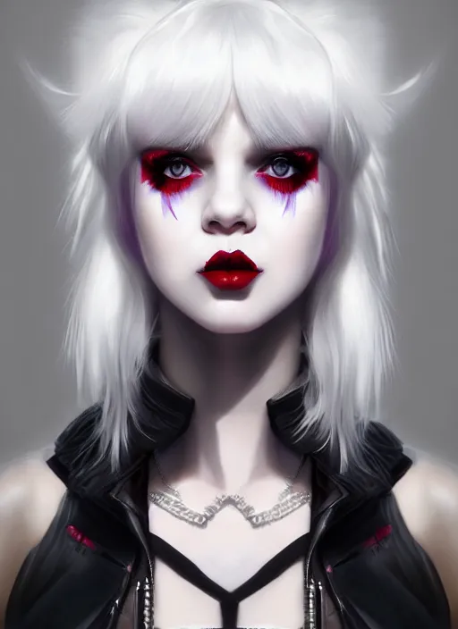 Image similar to portrait of white teenage girl, normal face, white bangs, mall goth, cyberlox, black and white hair, bangs, fluffy bangs, red contact lenses, purple lipstick, intricate, elegant, highly detailed, digital painting, artstation, concept art, sharp focus, smooth, illustration, art by wlop, mars ravelo and greg rutkowski