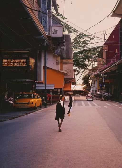 Prompt: minimalist street photography by wes anderson and by steve mccurry, singapore ( 2 0 1 8 ), portra 4 0 0, intense shadows, warm hue, golden hour