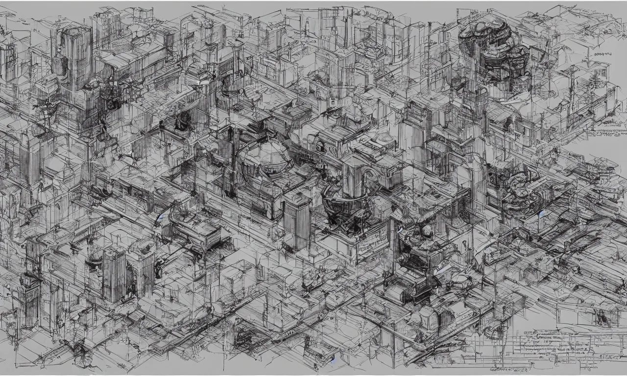 Image similar to annotated highly - detailed and intricate 4 5 degree isometric cross - section of doctor frasier crane + marker concept art style rendering + half blueprint + tetrachromacy + john berkey + vincent di fate + ralph mcquarrie + center frame : : annotations : : crane : : - 1