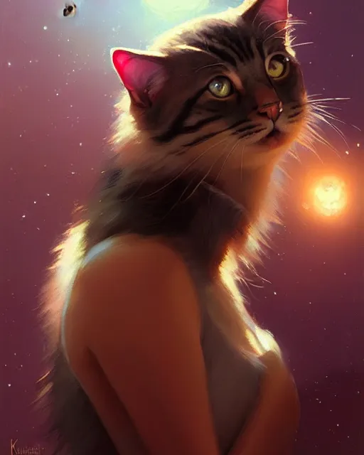 Image similar to a potrait of a space fanstasy cat, fine details. night setting. realistic shaded lighting poster by ilya kuvshinov katsuhiro, artgerm, jeremy lipkin and michael garmash, unreal engine, radiant light, detailed and intricate environment, digital art, trending on art station