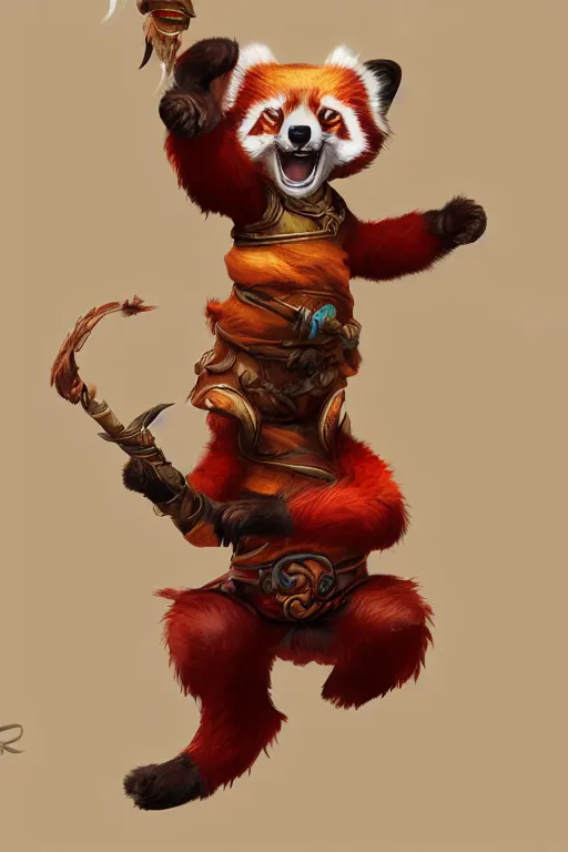 Image similar to Anthropomorphic red panda character, kung fu, high fantasy, World of Warcraft, pandarin, splashcreen character art, artstationhd, trending on artstation, detailed fur, beautiful cinematic