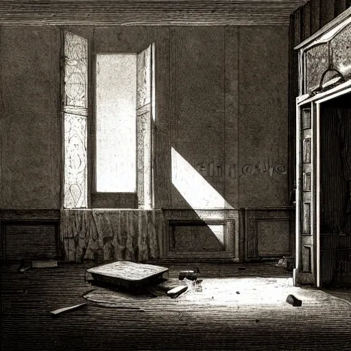 Prompt: living room of an abandonded house, illustration by Gustav Doré, Chiaroscuro, dramatic light