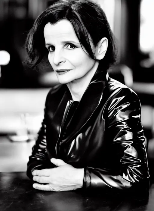 Prompt: head to shoulder portrait Juliette Binoche wearing black latex coat in a bar. In the syle of a film noir movie.