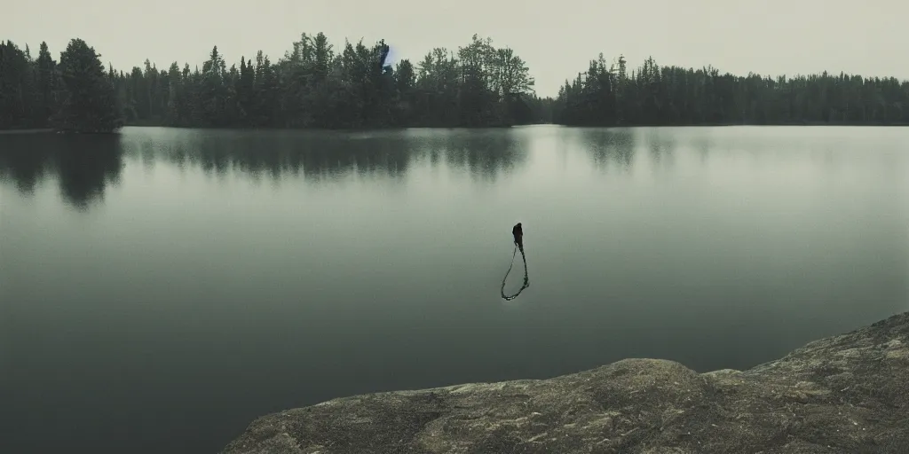 Image similar to symmetrical photograph of a very long rope on the surface of the water, the rope is snaking from the foreground towards the center of the lake, a dark lake on a cloudy day, trees in the background, moody scene, dreamy kodak color stock, anamorphic lens