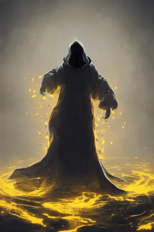 Image similar to A full body portrait of a mysterious character with no face with a very long hooded yellow cloak, a golden crown floating above his head tentacles coming out the ground art by Maciej Kuciara and Jason Chan, ominous, cosmic horror, trending on artstation, Ultra detailed, hyper realistic 4k