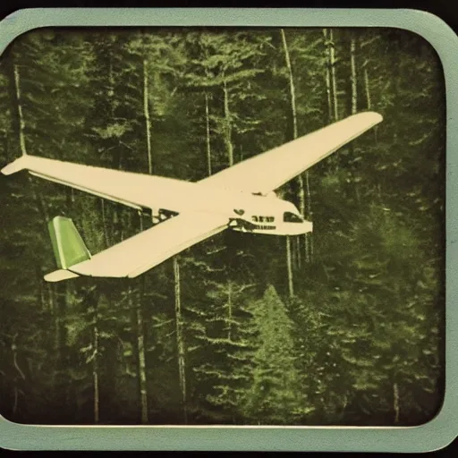 Prompt: heavily green tinted vintage polaroid photograph of a plane flying above a forest, ground level view