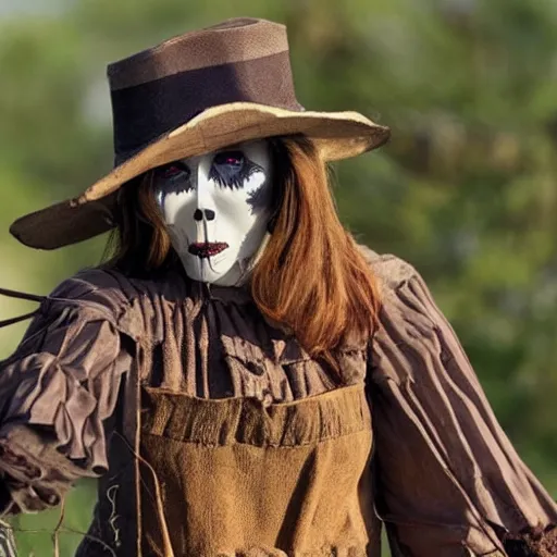 Image similar to female scarecrow with a crow, movie still