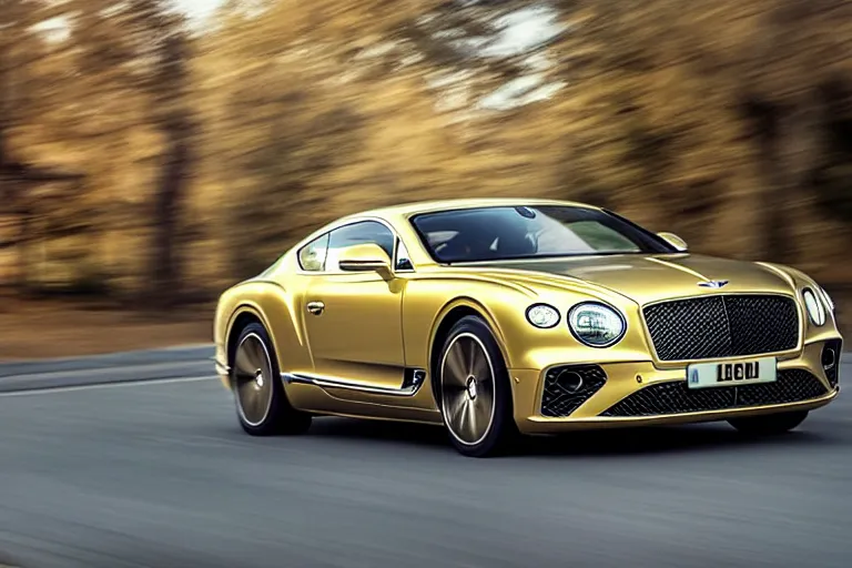 Image similar to Bentley Continental GT in shiny gold film drives along old Russian village road with houses houses around the edges