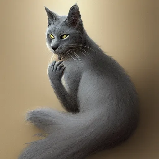 Image similar to a big bored gray cat with long fur and fluffy tail sitting, intricate, elegant, highly detailed, digital painting, artstation, concept art, matte, sharp focus, illustration, art by Artgerm and Greg Rutkowski and Alphonse Mucha