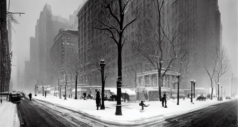 Image similar to image of a new york street in the winter, black and white photograph by andre kertesz, henri cartier - bresson