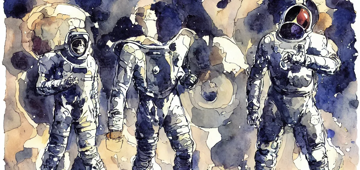 Prompt: male, full body, space suit with a modern helmet, character sheet, science fiction, very stylized, character design, pen and ink, digital painting, watercolor wash, by mike mignola, by alex maleev, jean giraud