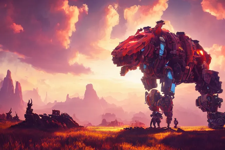 Image similar to behemoth machine mecanical creature robot of horizon forbidden west horizon zero dawn radiating a glowing aura global illumination ray tracing hdr fanart arstation by ian pesty and alena aenami artworks in 4 k