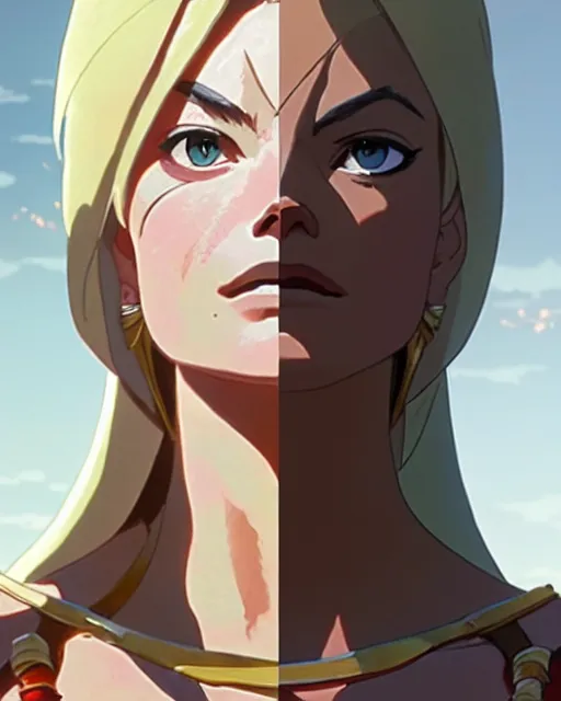 Image similar to azctec warrior, ( margot robbie ), detailed perfect face, exquisite details, fire magic, mid view, design on a white background, by studio muti, greg rutkowski makoto shinkai takashi takeuchi studio ghibli