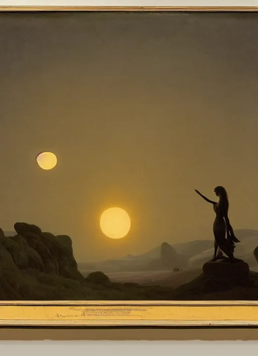 Prompt: three hazy backlit silhouettes of ancient greek venus observing an eclipse at dusk, painted by caspar david friedrich