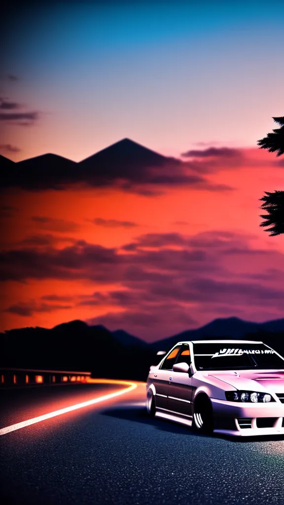 Prompt: a car drift spec JZX100 in middle of road, gunma prefecture, city sunset night, cinematic color, photorealistic, highly detailed