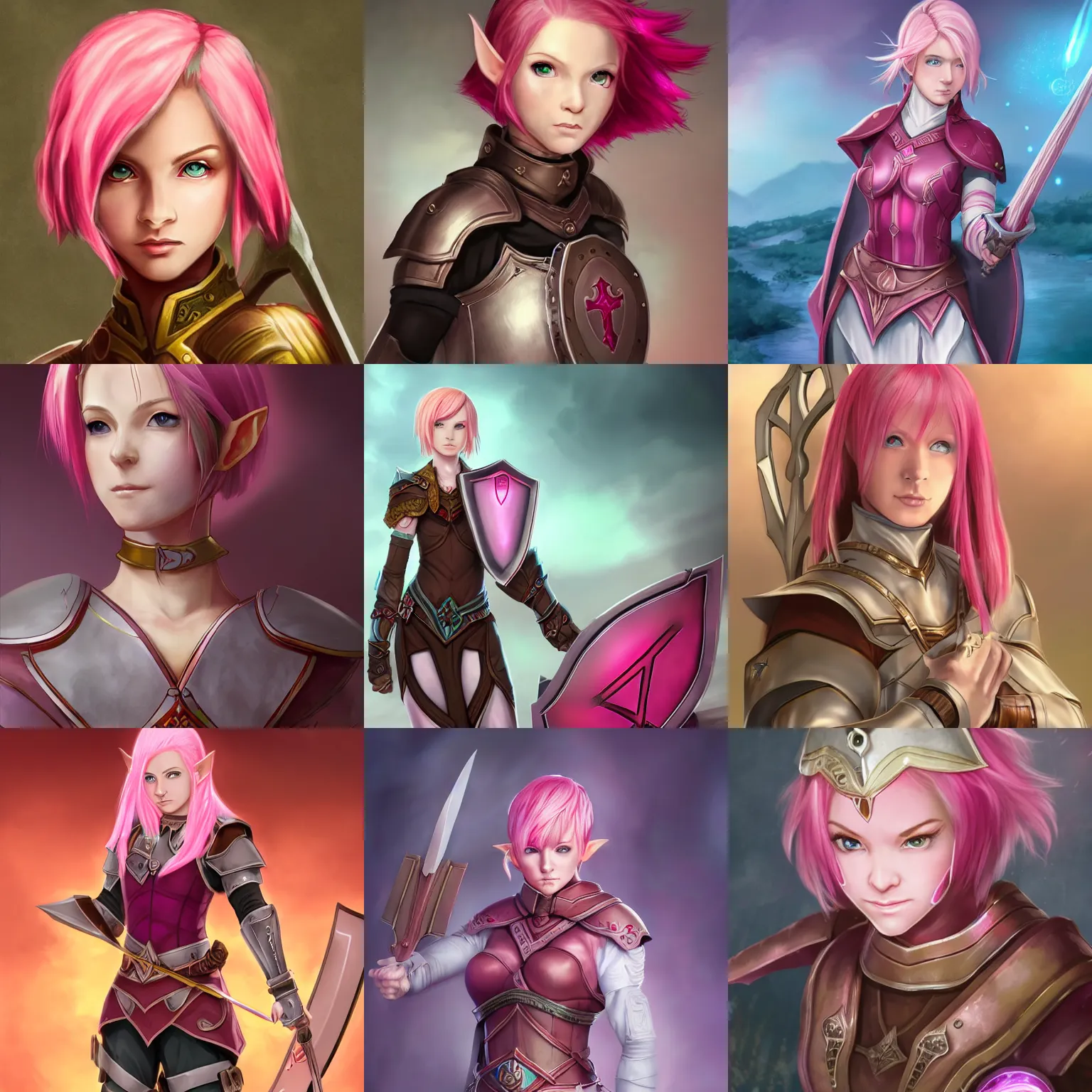 Image similar to beautiful, pink short haired, half elf woman, healer wearing cleric clothing and holding a shield, dungeons and dragons, character portrait, full face render, crimson eye color, illustration drawing, cell shaded, anime style 4 k, 8 k, hyper detailed, back lighting