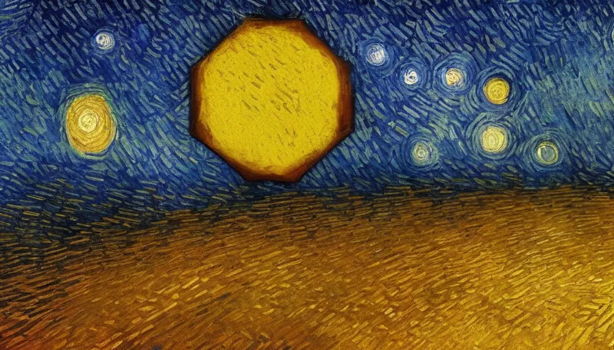 Prompt: the sun being blocked by a hexagon in space, planet earth in the foreground, painted by van gogh