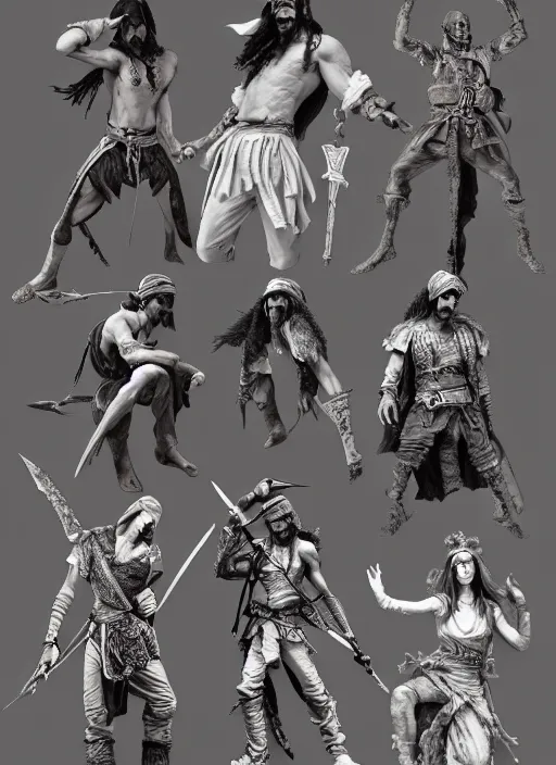 Prompt: detailed pencil spot illustrations of various character concepts from the prince of persia game and pirates of the caribbean movie, various poses, by burne hogarth, by bridgeman, by anthony ryder, by yoshitaka amano, by ruan jia, by conrad roset, by mucha, artstation, artstation.