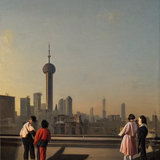 Image similar to a small rooftop with a couple of modern teenagers, standing and talking to each other, wearing black modern clothes, modern shanghai bund is on the background, sunset, by asher brown durand