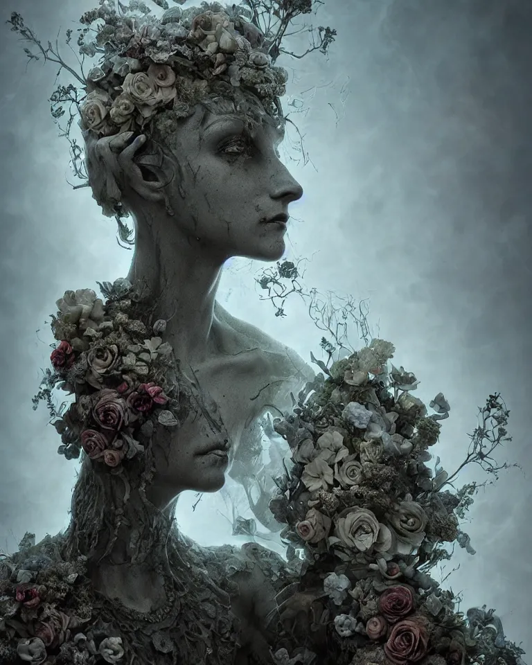 Image similar to portrait of a gothic cemetery statue made of mist and flowers, cosmic horror, mutating into mist, cinematic lightning, Andrew Ferez, Charlie Bowater, Marco Mazzoni, Seb McKinnon, Ryohei Hase, Alberto Seveso, Kim Keever, trending on cgsociety, featured on zbrush central, new sculpture, mystical