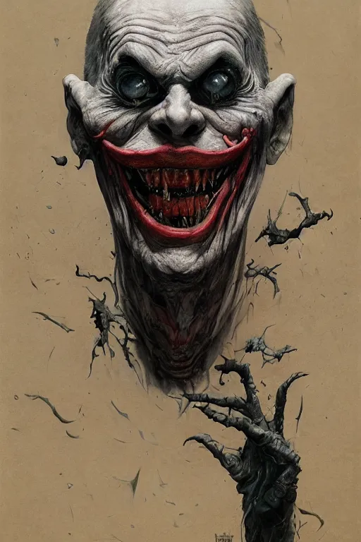 Image similar to Portrait of rotten, distorted, laughing, grotesque Joker, dc comics, dark, intricate, smooth, artstation, painted by Wayne Barlowe, Greg Rutkowski, Zdislav Beksinski