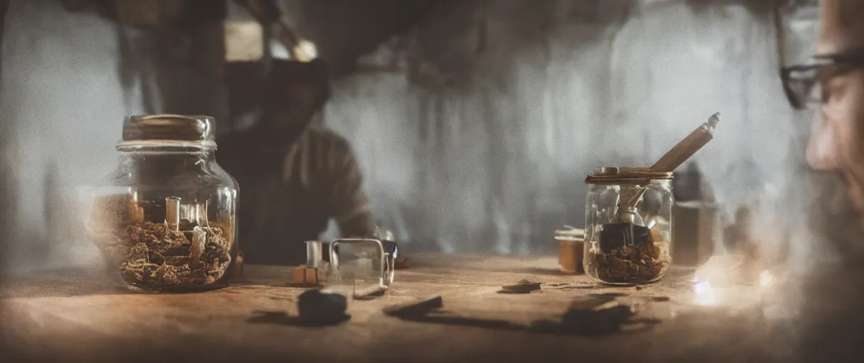 Image similar to a man making art inside of a jar, placed in an old attic, close up, beautiful atmosphere, haze, 4K