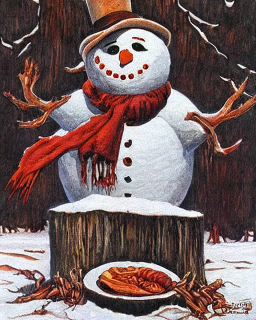 Image similar to snowman made of meat, art by beksinksy, bernie wrightson