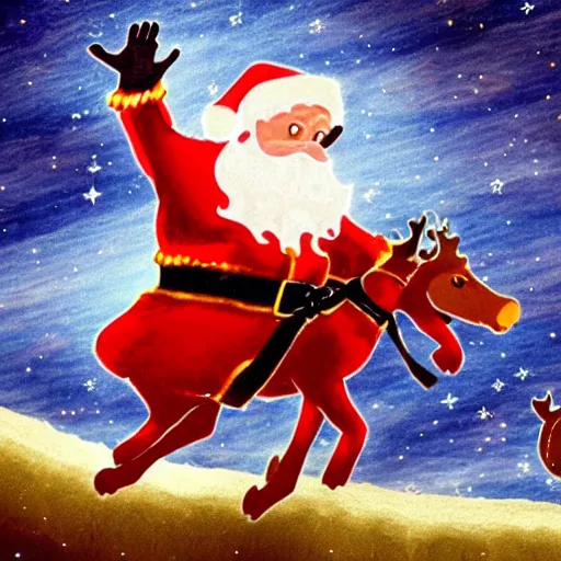 Image similar to evil santa claus rides his fiery chariot through the night sky being led by demonic reindeer