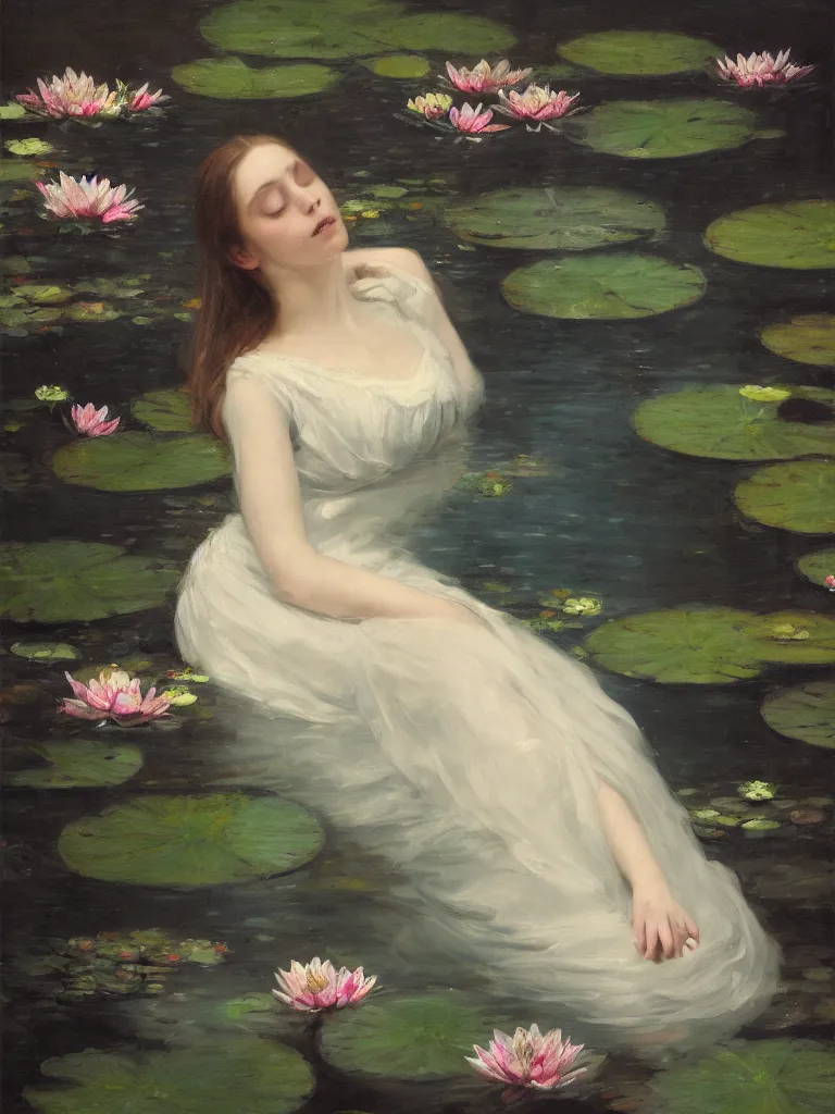 Image similar to detailed cinematic moody colors studio portrait of a victorian young lady sleeping in a victorian pond, water lilies, ofelia inspired high quality by jeremy mann, only one head single portrait