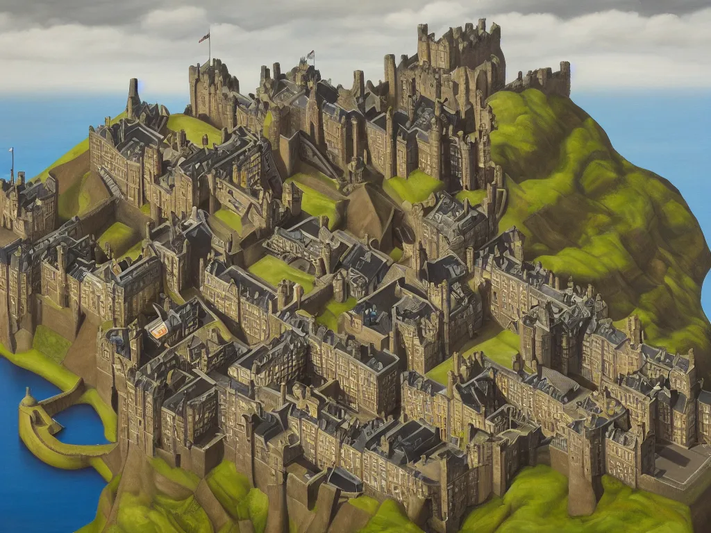 Prompt: A detailed oil painting of Edinburgh, castle, park, in the style of Michiel Schrijver, M.C. Escher surreal, isometric