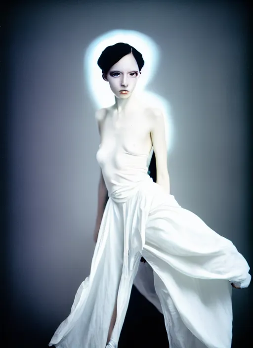 Prompt: kodak portra 4 0 0 photo portrait of a beautiful woman dressed in long white, fine art photography light painting in style of paolo roversi, professional studio lighting, dark dramatic background, hyper realistic photography, fashion magazine style