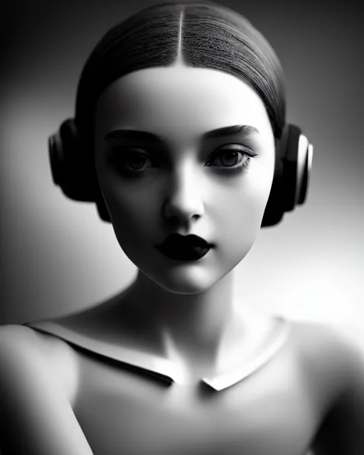 Image similar to black and white dreamy young beautiful female artificial intelligence, cinematic, rim light, photo - realistic, elegant, high detail, 8 k, masterpiece, photo taken in 1 9 3 0
